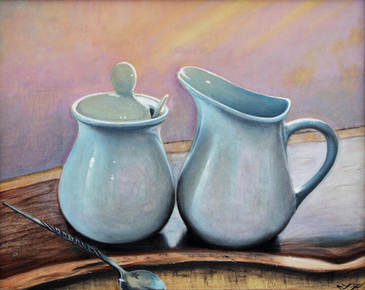 Painting titled "Cream and Sugar Set" by Tetyana Hamilton, Original Artwork, Oil Mounted on Cardboard