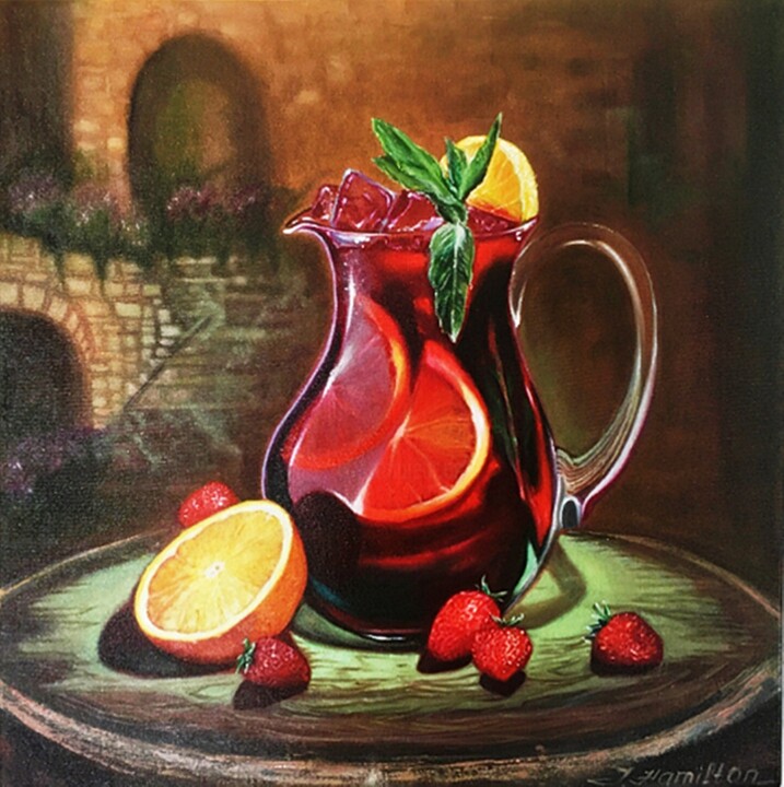 Printmaking titled "Red Sangria Decanter" by Tetyana Hamilton, Original Artwork, Oil Mounted on Wood Stretcher frame