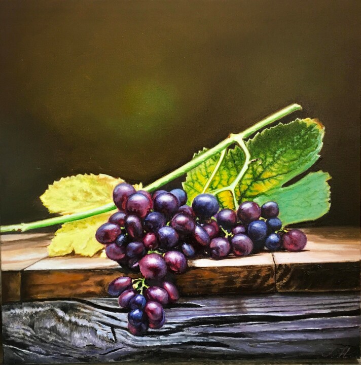 Schilderij getiteld "Grape Passion" door Tetyana Hamilton, Origineel Kunstwerk, Olie Gemonteerd op Frame voor houten brancard