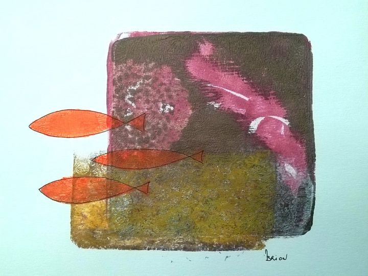 Printmaking titled "Poissons (4)" by Martine Brion, Original Artwork