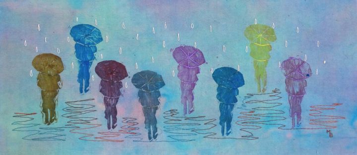 Gravures & estampes intitulée "Balade sous la pluie" par Martine Brion, Œuvre d'art originale