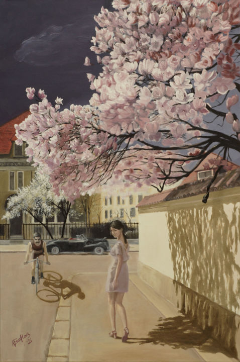 Painting titled "Magnolia 2" by Tudor Gafton, Original Art, Oil