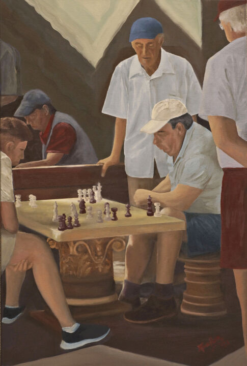 Painting titled "The Chess Players" by Tudor Gafton, Original Artwork, Oil Mounted on Wood Stretcher frame