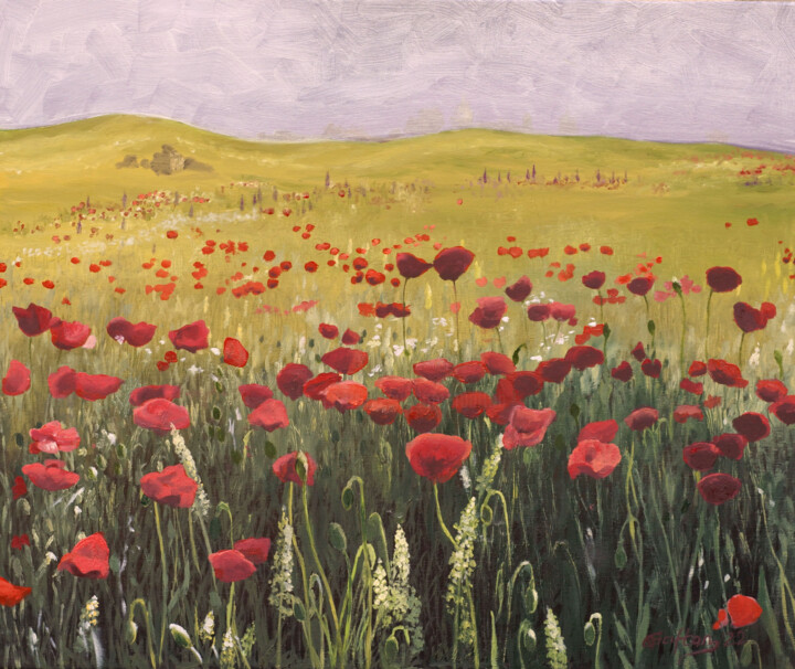 Painting titled "Poppies at BlackSea…" by Tudor Gafton, Original Artwork, Oil Mounted on Wood Stretcher frame