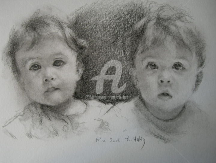 Drawing titled "les jumelles" by Th. Hutin, Original Artwork, Graphite