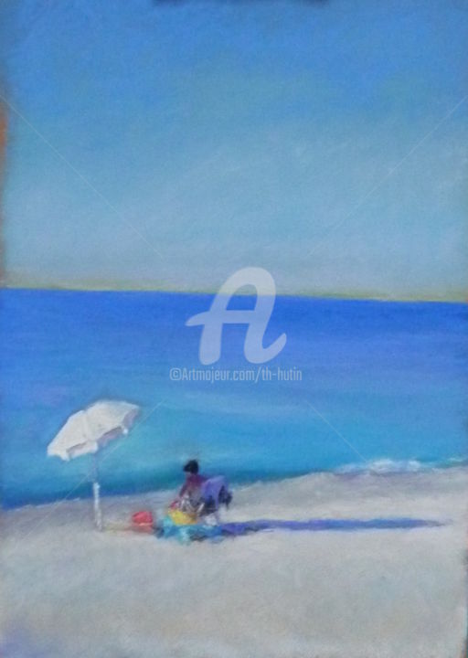 Drawing titled "le parasol blanc" by Th. Hutin, Original Artwork, Pastel