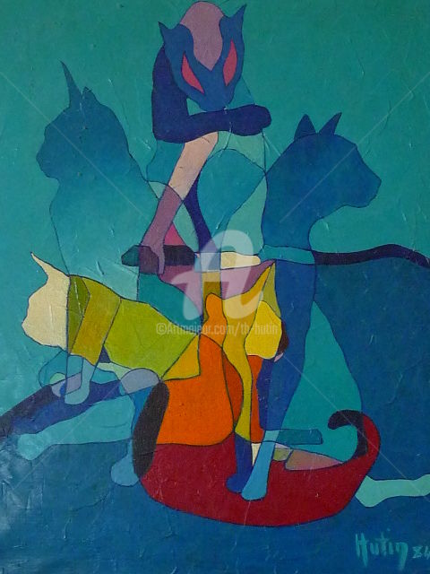 Peinture intitulée "chats-magiciens" par Th. Hutin, Œuvre d'art originale, Acrylique
