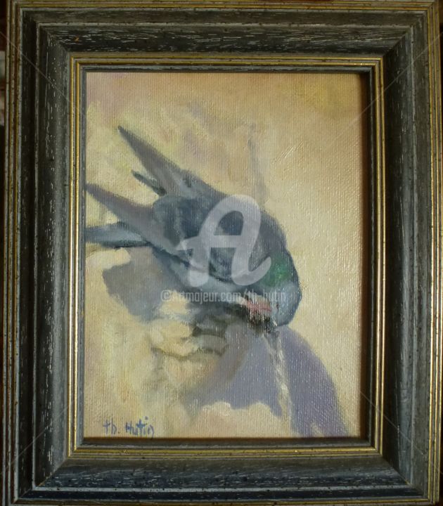 Peinture intitulée "pigeon-a-la-fontaine" par Th. Hutin, Œuvre d'art originale