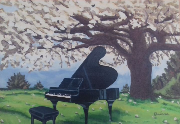 Pintura intitulada "O piano no jardim" por Thaíssa, Obras de arte originais, Óleo