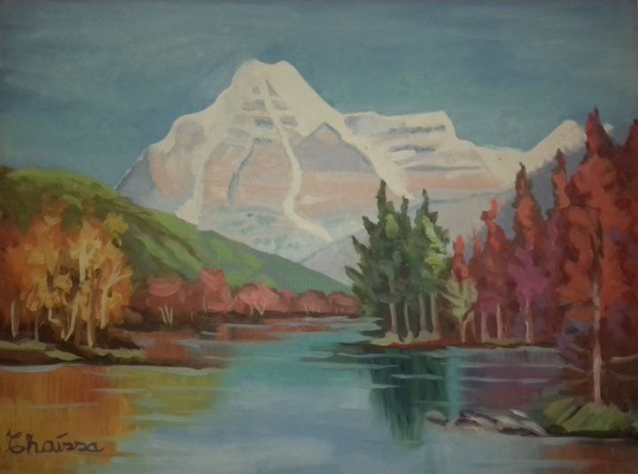Pintura intitulada "Lago e montanhas" por Thaíssa, Obras de arte originais, Óleo