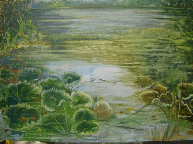 Painting titled "Pond with lily" by Anuradha Nalapat, Original Artwork, Oil