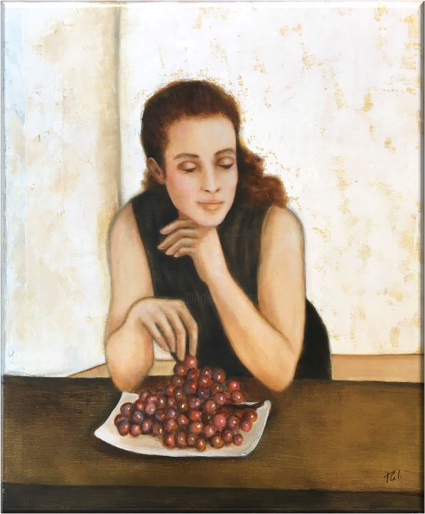 Painting titled "Femme et raisins" by Thalie Cardo, Original Artwork, Oil