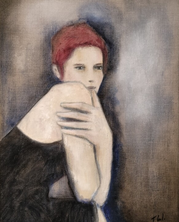 Painting titled "Femme en robe noire…" by Thalie Cardo, Original Artwork, Oil Mounted on Wood Stretcher frame