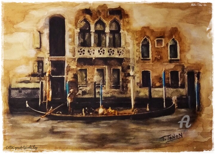 Pittura intitolato "Gondola sul Canal G…" da Thalita Tonon (SottoSopra), Opera d'arte originale, Acquarello
