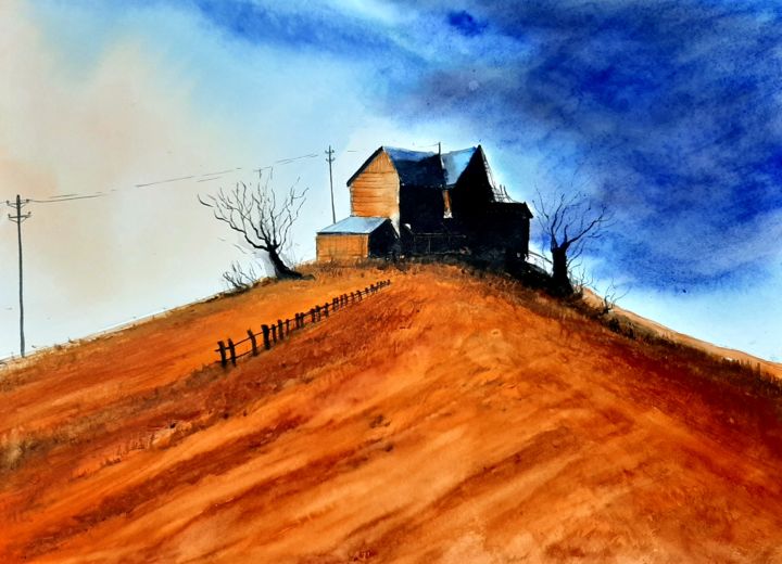 Painting titled "Lone house atop a h…" by Himanshu Thalyari, Original Artwork, Watercolor