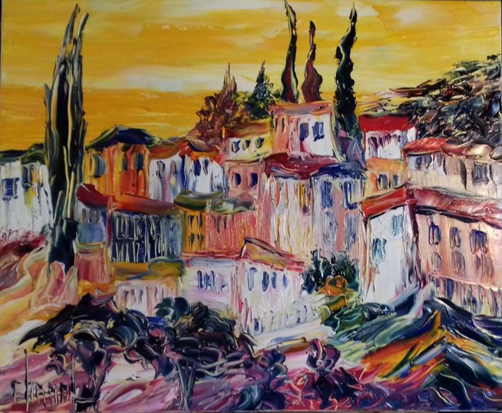 Painting titled "VILLAGE DU SUD" by Thierry Chanal, Original Artwork, Oil Mounted on Wood Stretcher frame