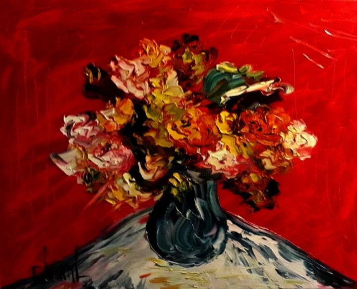 Painting titled "FLEURS FOND ROUGE" by Thierry Chanal, Original Artwork, Oil Mounted on Wood Stretcher frame