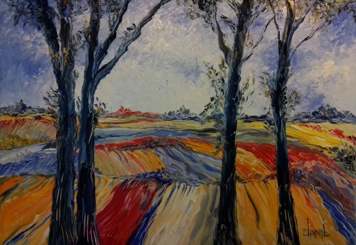 Painting titled "ARBRES ET CHAMPS" by Thierry Chanal, Original Artwork, Oil