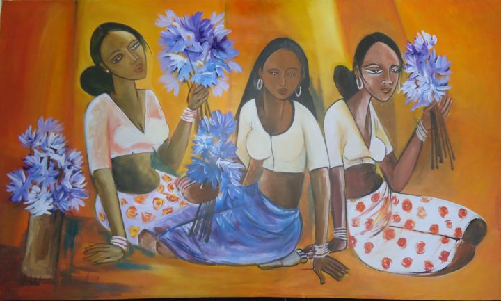 Картина под названием "Flowers with flowrs…" - Thushara Kumarasinghe, Подлинное произведение искусства, Акрил