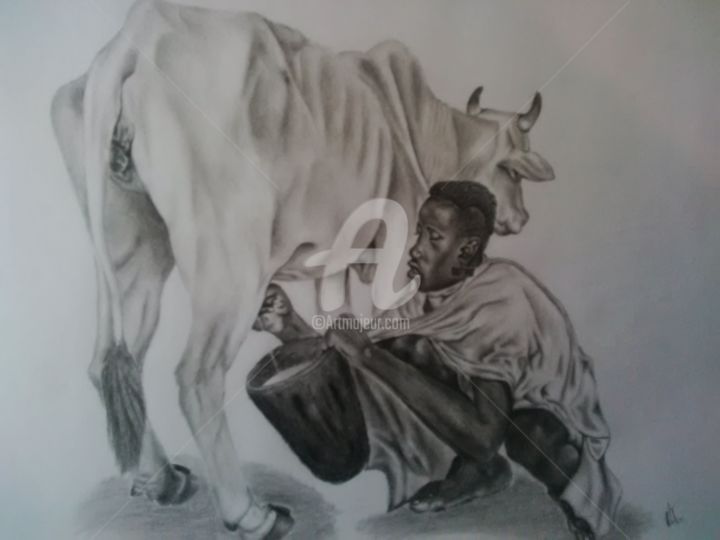Drawing titled "cow milking" by Thebe, Original Artwork, Pencil