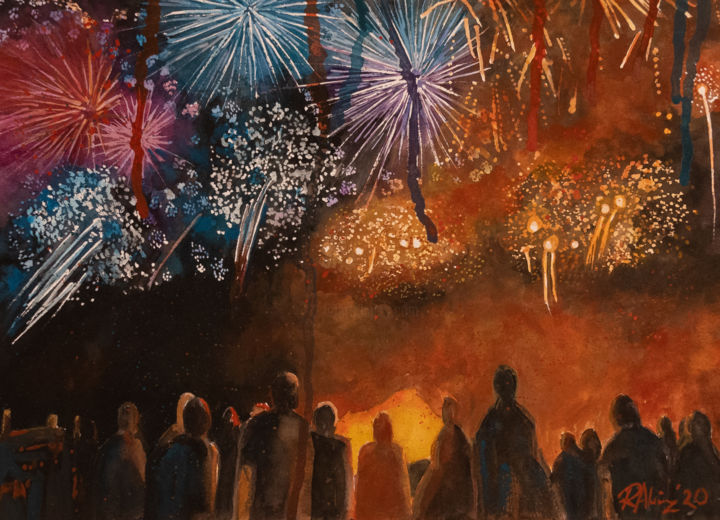 Painting titled "Fireworks within 6…" by Rubaiyet Abedin, Original Artwork, Watercolor