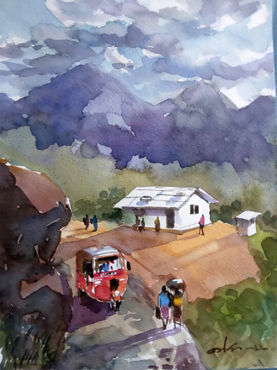 「Busy Village」というタイトルの絵画 Thejana Roshan Kumaraによって, オリジナルのアートワーク, 水彩画