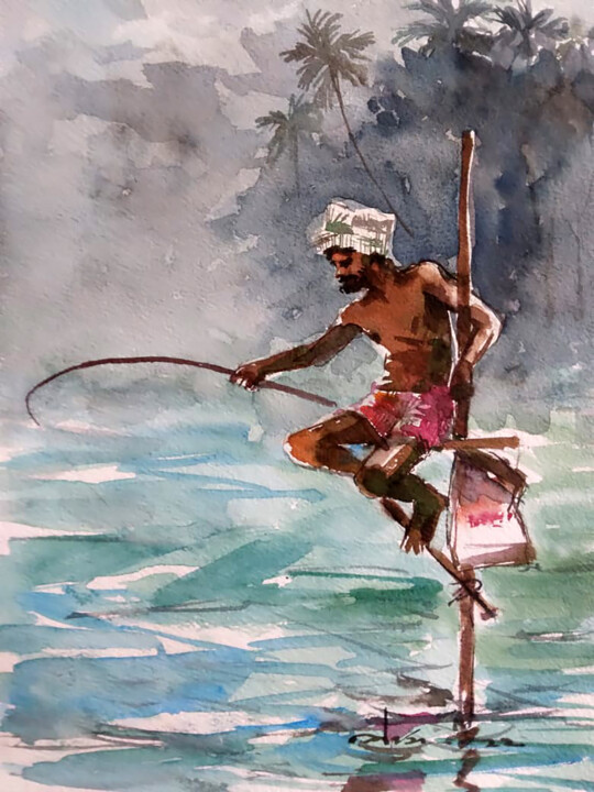 Pintura titulada "Stilt Fisher" por Thejana Roshan Kumara, Obra de arte original, Acuarela