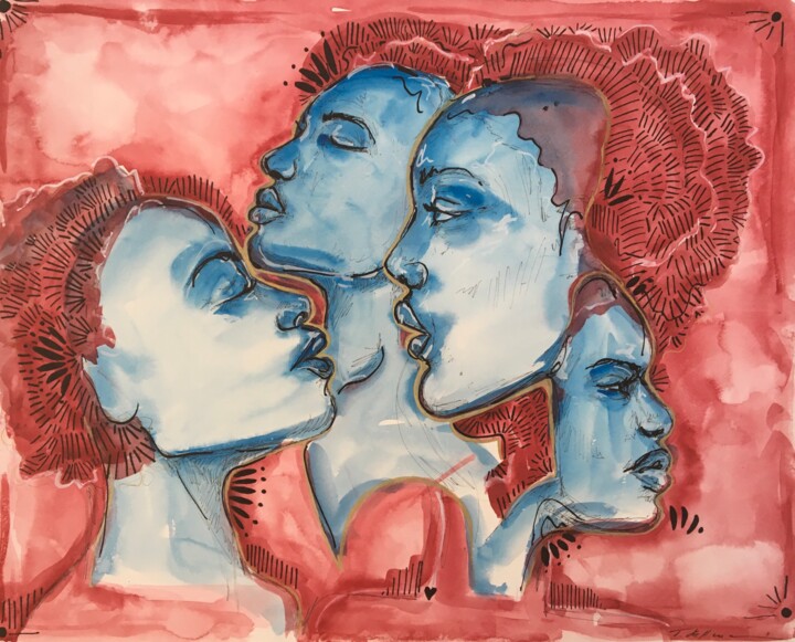 Schilderij getiteld "Blue and red Women" door Thekla Kellmann, Origineel Kunstwerk, Aquarel