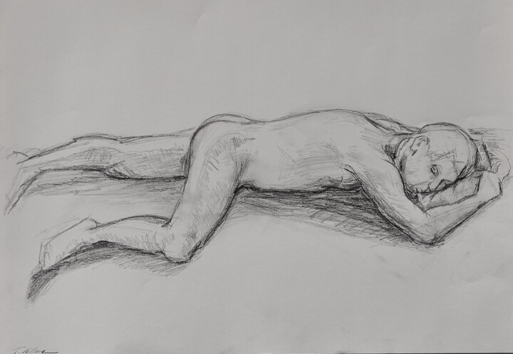 Рисунок под названием "Nude Portrait Man N…" - Thekla Kellmann, Подлинное произведение искусства, Карандаш