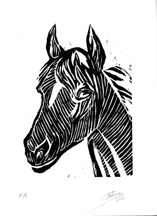 Prenten & gravures getiteld "Cabeça de cavalo" door Thelmo Silveira, Origineel Kunstwerk, Xylograaf
