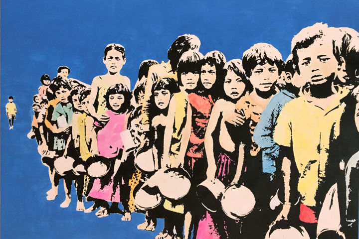 Painting titled "Waiting Kids (Blue)" by The Monk Stencils, Original Artwork, Acrylic