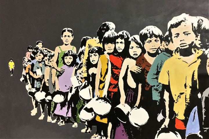 Painting titled "Waiting Kids (Grey)" by The Monk Stencils, Original Artwork, Acrylic