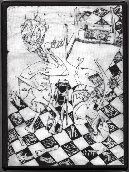 Drawing titled "Double Damier" by Themroc, Original Artwork, Ballpoint pen Mounted on Wood Stretcher frame