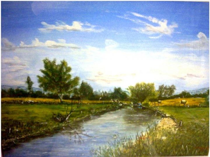 Painting titled "Le pont romain, été" by Cedric Thenot, Original Artwork