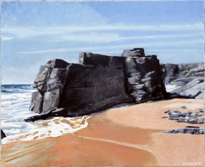 Painting titled "Plage des Sables ro…" by Théodore Bouret, Original Artwork, Oil Mounted on Wood Stretcher frame