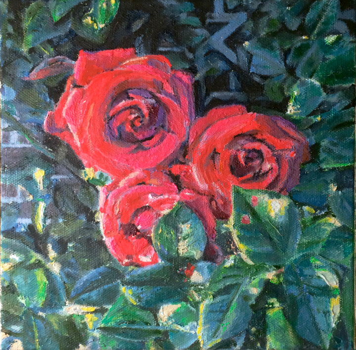 Painting titled "Roses écarlates" by Théodore Bouret, Original Artwork, Oil