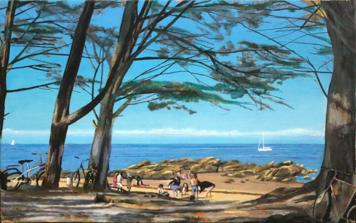 Painting titled "Plage sous les sapi…" by Théodore Bouret, Original Artwork, Oil Mounted on Wood Stretcher frame
