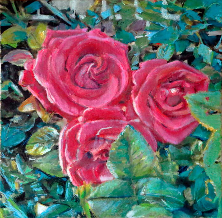 Painting titled "Roses écarlates (40…" by Théodore Bouret, Original Artwork, Oil