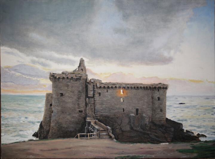 Painting titled "Vieux Château" by Théodore Bouret, Original Artwork, Oil Mounted on Wood Stretcher frame