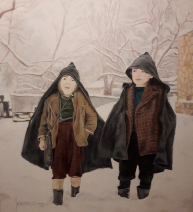 Malerei mit dem Titel "Kids in the snow." von Theodoros Markopoulos, Original-Kunstwerk, Pastell