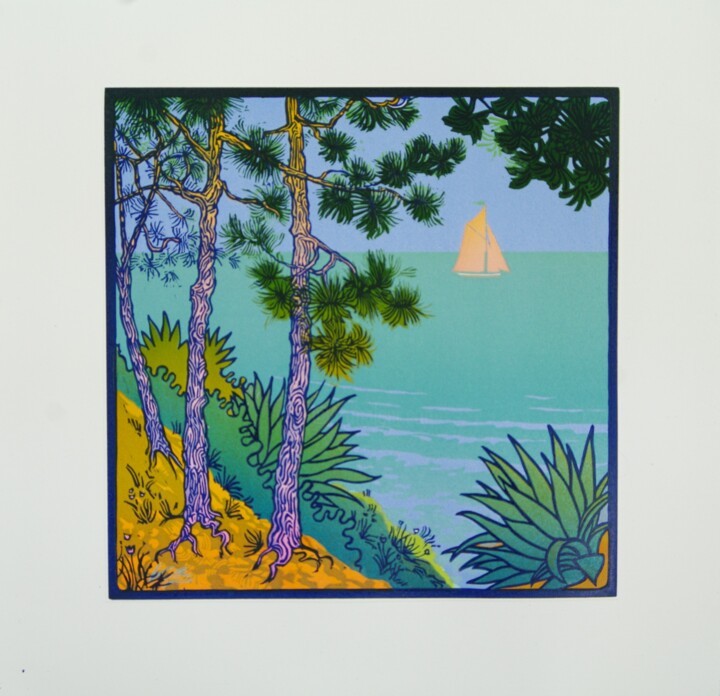 "Les pins" başlıklı Baskıresim Théophile Gaillot tarafından, Orijinal sanat, Linocut Ahşap panel üzerine monte edilmiş