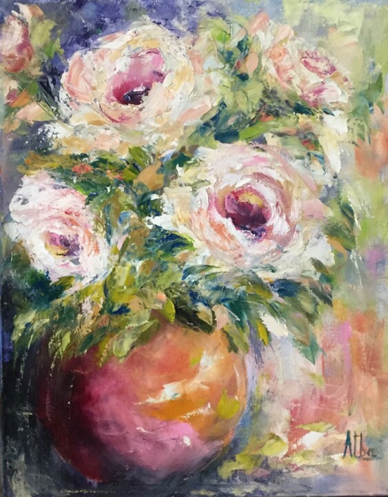 Картина под названием "Fleurs 1" - Thérèse Alba, Подлинное произведение искусства, Масло Установлен на Деревянная рама для н…