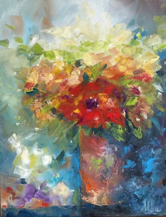Картина под названием "Fleurs 4" - Thérèse Alba, Подлинное произведение искусства, Масло