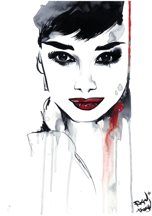 Peinture intitulée "Audrey Hepburn" par Therese Rosier, Œuvre d'art originale, Encre