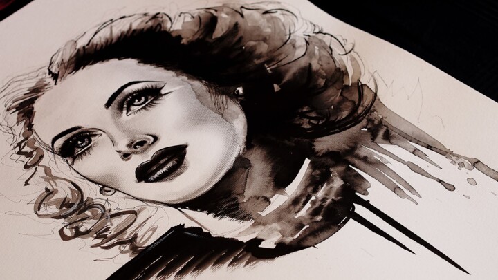 Pintura intitulada "Hedy Lamarr" por Therese Rosier, Obras de arte originais, Acrílico