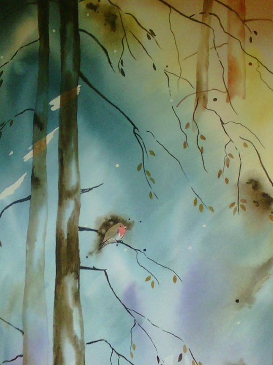 Painting titled "SOLITAIRE..." by Thérese Hanot, Original Artwork, Watercolor