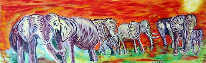 Malarstwo zatytułowany „Elephant soleil cou…” autorstwa Therese  Lyssia, Oryginalna praca, Akryl Zamontowany na Drewniana ra…