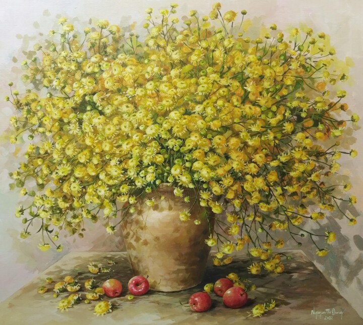Картина под названием "Lọ cúc chi ("A vase…" - Thi Dung Nguyen, Подлинное произведение искусства, Акрил