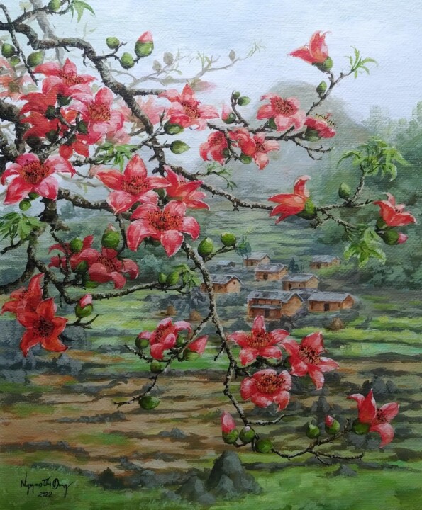 Painting titled "Hoa gạo vùng cao ("…" by Thi Dung Nguyen, Original Artwork, Acrylic