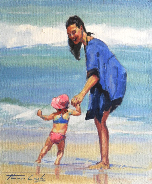 Картина под названием "Mãe e filha na praia" - Thiago Castro, Подлинное произведение искусства